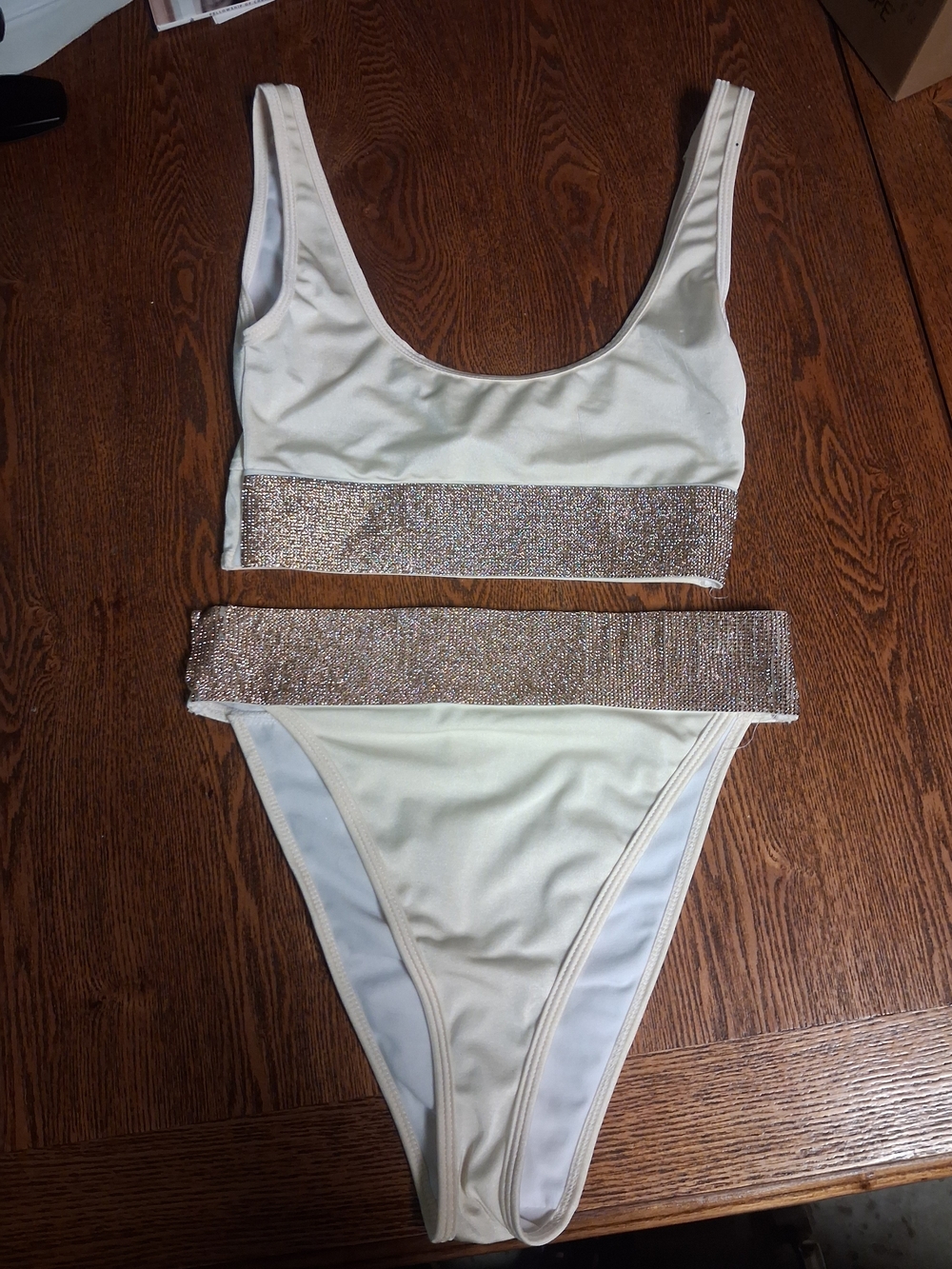 PrettyLittleThing Cream Bikini Set with Rhinestone Bands